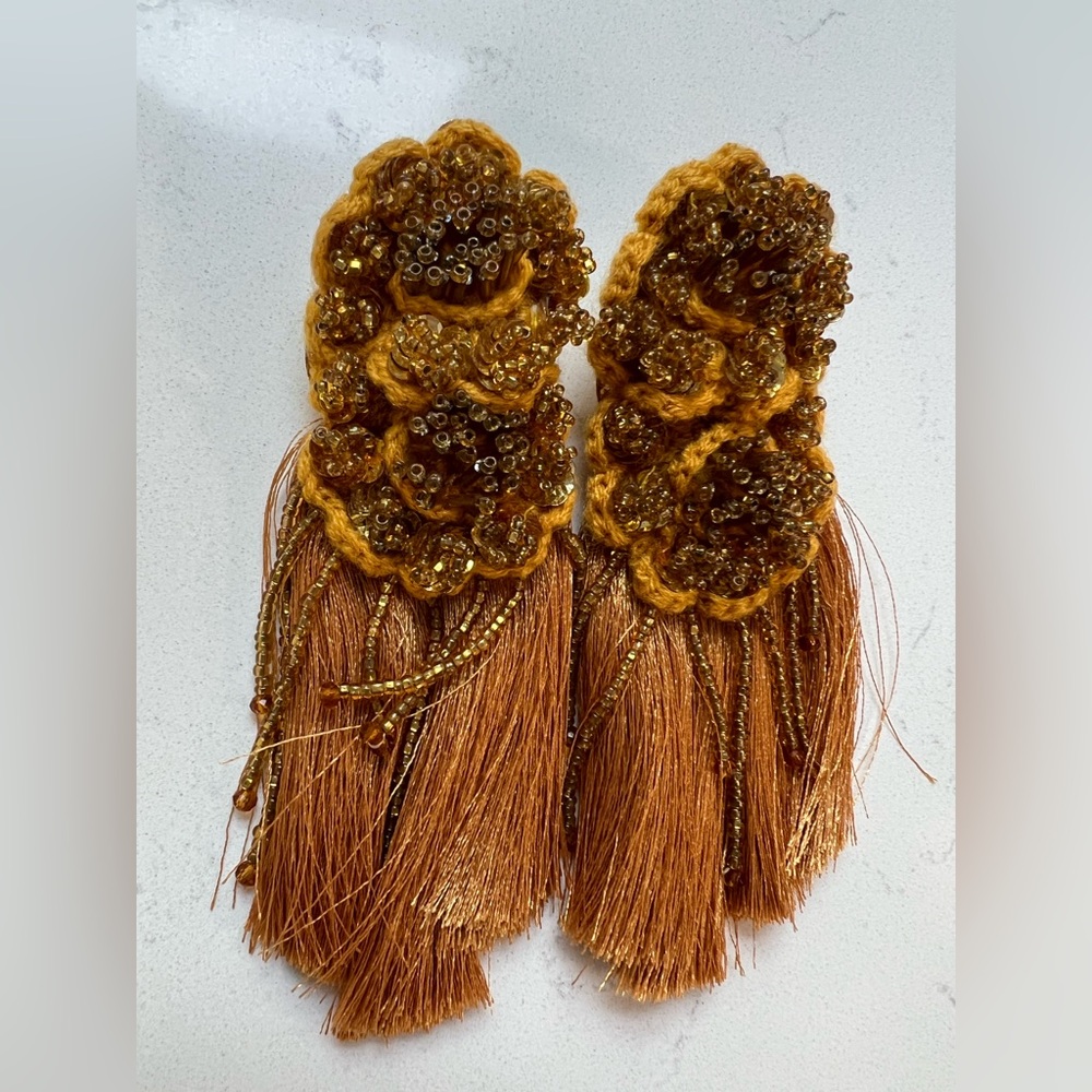 Handmade Beaded Fringe Earrings in Mustard Brown